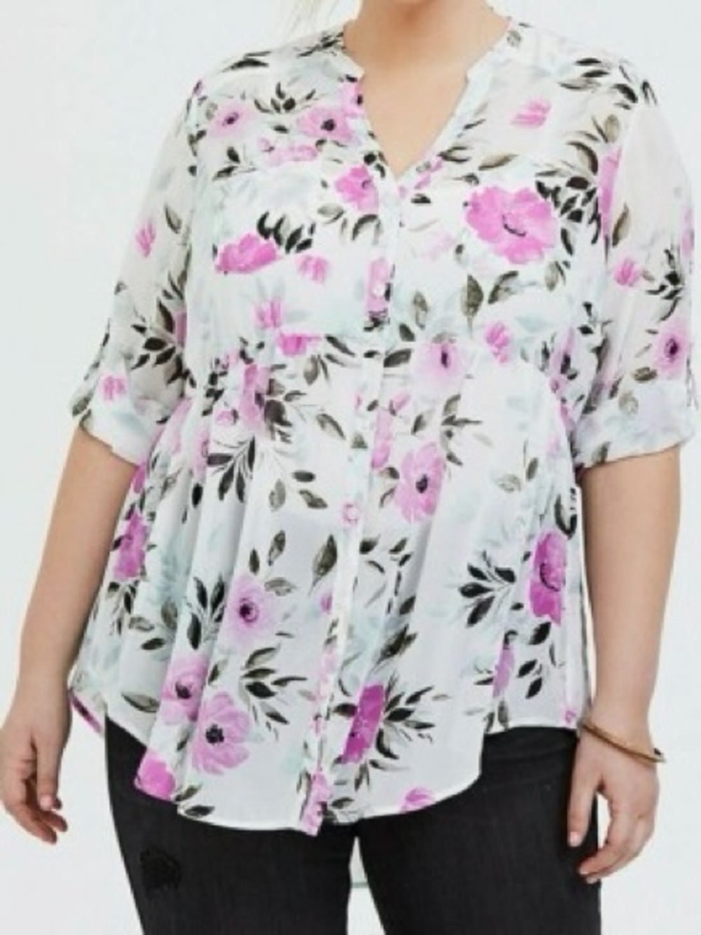 NWT Torrid ‘Emma’ Ivory Floral Long Sleeve Chiffon Babydoll Tunic’ Plus Size 5X